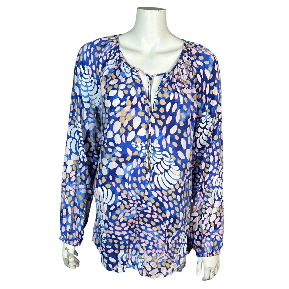 Lilly‎ Pulitzer Top Blouse Large Blue Abstract Dot Feather Shell Print Coastal